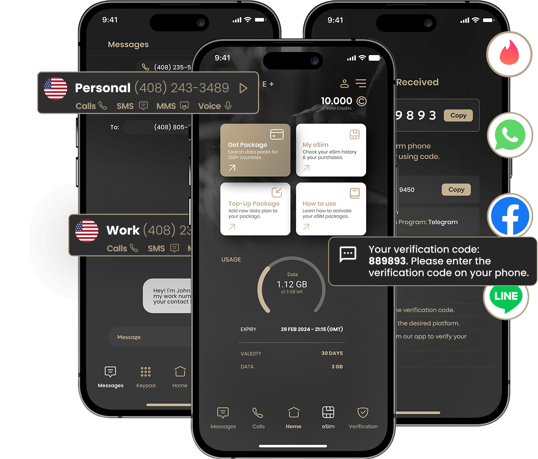 Phones showing second number app and verification